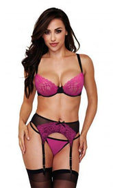 Baci - 3-Delige Jarretel Set - Roze/Zwart - PlayForFun