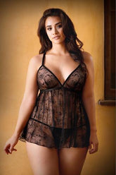 Elena Kanten Babydoll Met Sexy String - Zwart - PlayForFun