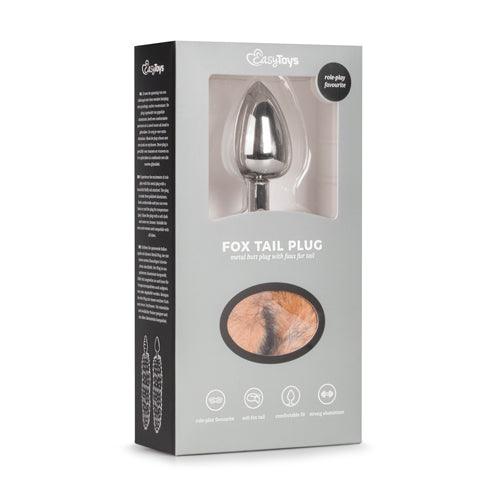 Medium zilverkleurige buttplug met gestreepte vossenstaart - PlayForFun Medium zilverkleurige buttplug met gestreepte vossenstaart - PlayForFun