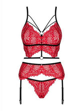 Mettia 3-delige Kanten Jarretel Set - Zwart/Rood - PlayForFun