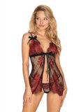 Redessia Kanten Babydoll Met String - Rood/Zwart - PlayForFun