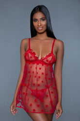 Valentine Transparante Babydoll Set - Rood - PlayForFun