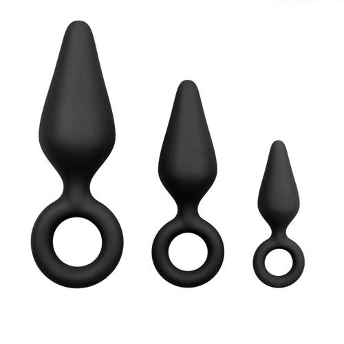 Zwarte buttplugs met trekring - setje - PlayForFun