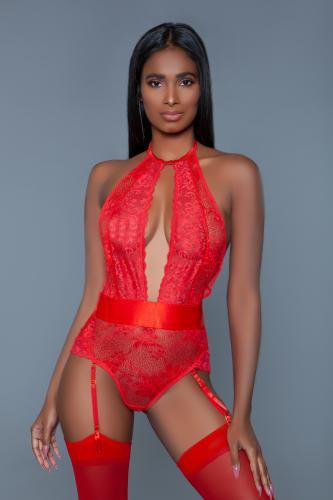 Ophelia Kanten Jarretel Body - Rood - PlayForFun