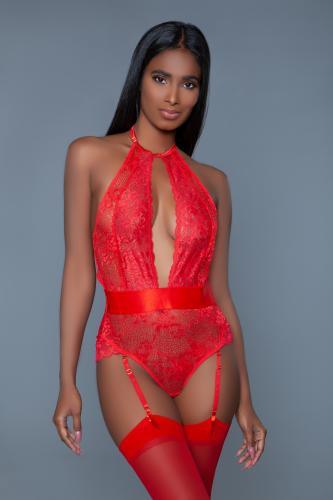 Ophelia Kanten Jarretel Body - Rood - PlayForFun