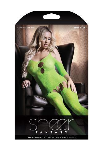 Stargazing Cold Shoulder Jarretel Catsuit - Neon Green - PlayForFun