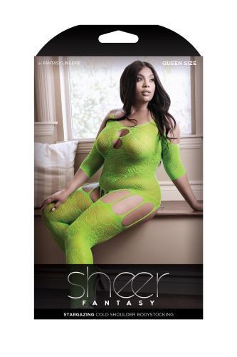 Stargazing Cold Shoulder Jarretel Catsuit - Neon Green - PlayForFun